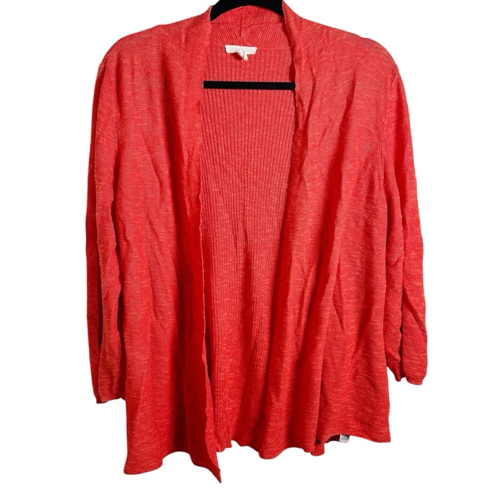 Eileen Fisher Sz L Women's Open‎ Front Cardigan Sweater Linen Cotton Blend Coral